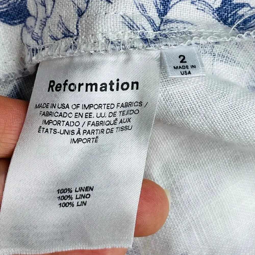 Reformation Stilton Linen Top Blue Toile Floral Long Sleeve Square Neck Size 2